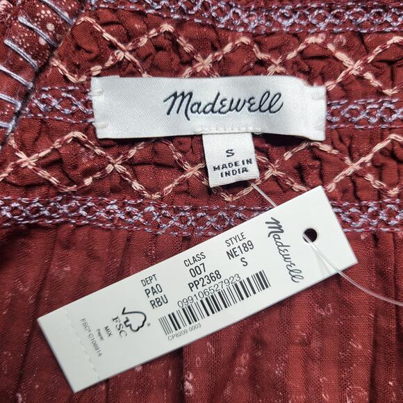 Madewell Square Neck Smocked Top Burgundy Red Embroidered Dotted Vines Small - Picture 7 of 8